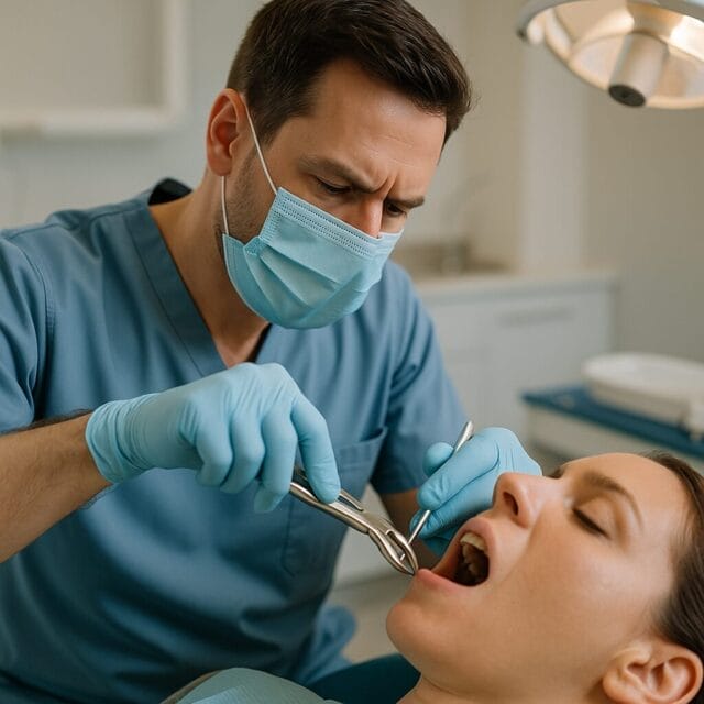 A dentist in a modern dental office preparing for a tooth extraction. The patient is seated in a dental chair, dentist wearing gloves, with dental instruments visible, focusing on the mouth area. Warm, clinical lighting.